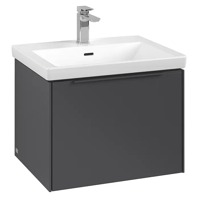 Villeroy & Boch Subway 3.0 Waschbeckenunterschrank - Graphite, Anzahl Schubladen: 1 Stk., Farbe Griff: Monochrom, B x T x H: 57,2 x 47,8 x 42,9 cm - Ein moderner Waschtisch mit Unterschrank in Anthrazit und einer Armatur aus Chrom, ideal für stilvolle Badezimmer.