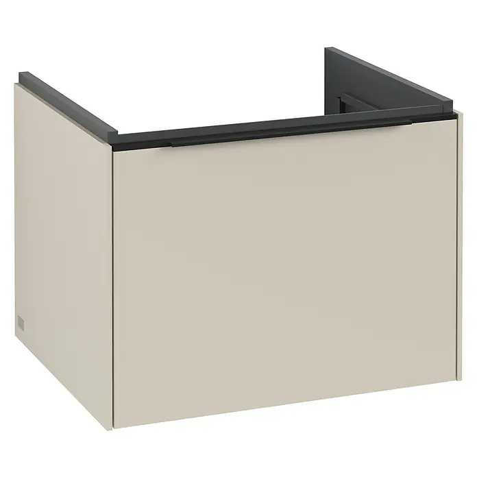 Villeroy & Boch Subway 3.0 Waschbeckenunterschrank - Cashmere Grey, Anzahl Schubladen: 1 Stk., Farbe Griff: Volcano Black, B x T x H: 57,2 x 47,8 x 42,9 cm - Produktansicht: Ein eleganter, cremefarbener Waschtischunterschrank mit dunklem Rahmen, ideal für moderne Badezimmerdesigns.