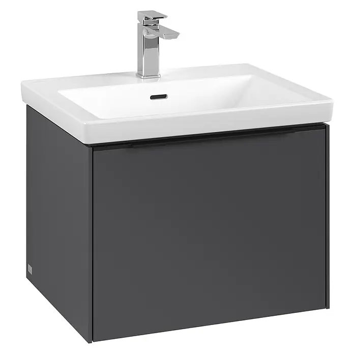 Villeroy & Boch Subway 3.0 Waschbeckenunterschrank - Graphite, Anzahl Schubladen: 1 Stk., Farbe Griff: Volcano Black, B x T x H: 57,2 x 47,8 x 42,9 cm - Bild eines modernen Waschtischs mit grauem Unterschrank und einem eleganten, weißen Waschbecken mit Armatur.