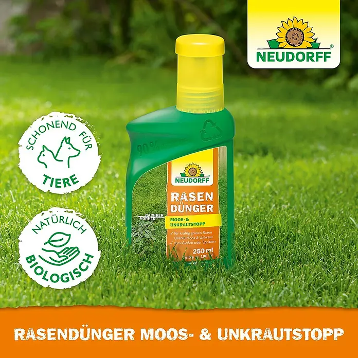 Neudorff Rasendünger Moos- & Unkrautstopp - 250 ml - Produktfoto von Neudorff Rasendünger Moos- & Unkrautstopp. Der Rasendünger sorgt für einen kräftigen, grünen Rasen ohne Moos und Unkraut.