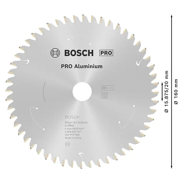 Bosch Kreissägeblatt Standard for Aluminium - 160 mm, Bohrung: 20 mm, Anzahl Zähne: 52 Stk. - Bosch Pro Aluminium Kreissägeblatt mit einem Durchmesser von 160 mm für präzise Schnitte in Aluminium.