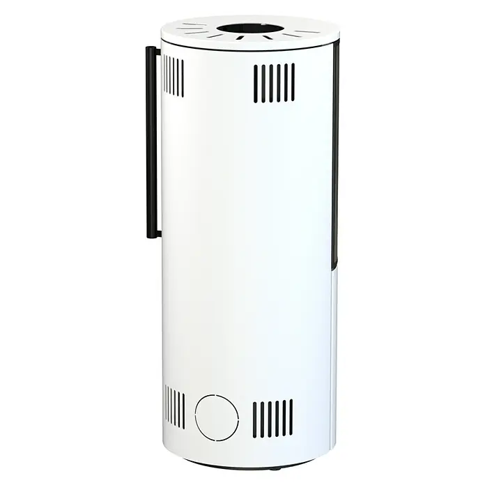 Kaminofen Xena 310 - 7,1 kW - 7,6 kW, Raumheizvermögen: 200 m³, Material Verkleidung: Stahl, Weiß - Ein zylindrischer, weißer Saunaofen mit schwarzen Akzenten. Das Gerät ist für ein entspannendes Saunaerlebnis konzipiert.