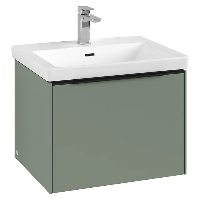 Villeroy & Boch Subway 3.0 Waschbeckenunterschrank - Soft Green, Anzahl Schubladen: 1 Stk., Farbe Griff: Volcano Black, B x T x H: 57,2 x 47,8 x 42,9 cm - Moderner Waschtischunterschrank in Grün mit weißem Aufsatzwaschbecken und Chromarmatur für ein stilvolles Badezimmer.