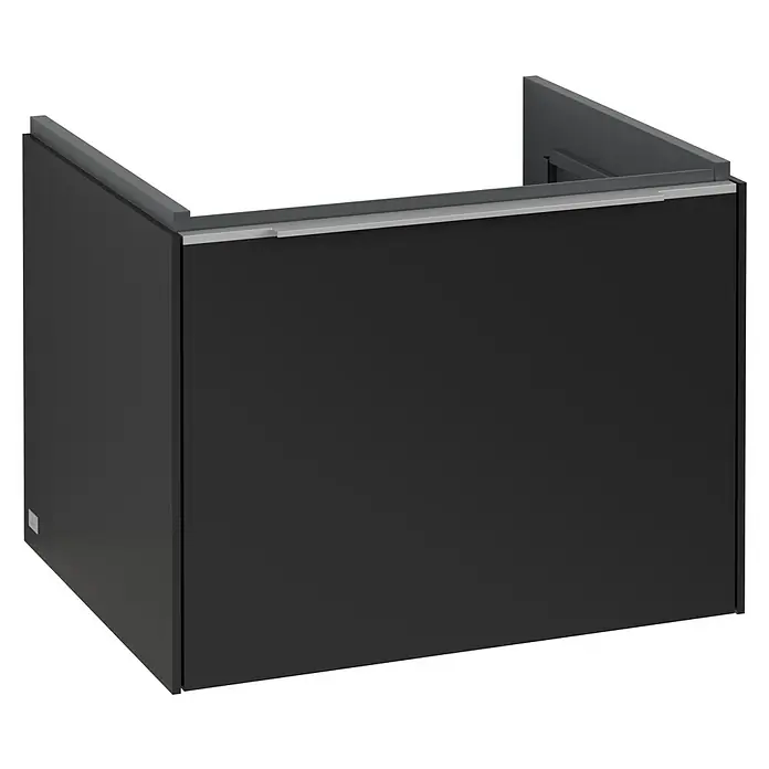 Villeroy & Boch Subway 3.0 Waschbeckenunterschrank - Volcano Black, Anzahl Schubladen: 1 Stk., Farbe Griff: Aluminium glänzend, B x T x H: 57,2 x 47,8 x 42,9 cm, Mit Beleuchtung - Das Bild zeigt einen stilvollen, modernen schwarzen Waschtischunterschrank mit silberfarbenen Akzenten. Er bietet eleganten Stauraum im Badezimmer.