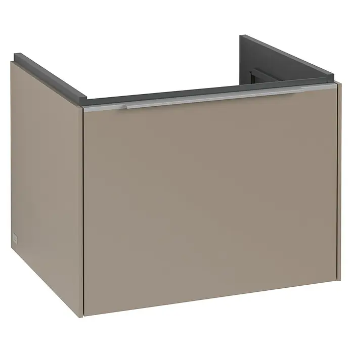 Villeroy & Boch Subway 3.0 Waschbeckenunterschrank - Taupe, Anzahl Schubladen: 1 Stk., Farbe Griff: Aluminium glänzend, B x T x H: 57,2 x 47,8 x 42,9 cm, Mit Beleuchtung - Ansicht eines modernen Waschtischunterschranks in Beige mit grauem Rahmen, ideal für stilvolle Badezimmer.