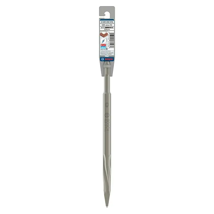 Bosch SDS-Plus-Spitzmeißel Long Life - Länge: 250 mm - Aufnahme eines Bosch SDS plus-5C Bohrers in Verpackung. Der Bohrer ist silberfarben und für den Einsatz in Hämmern konzipiert.