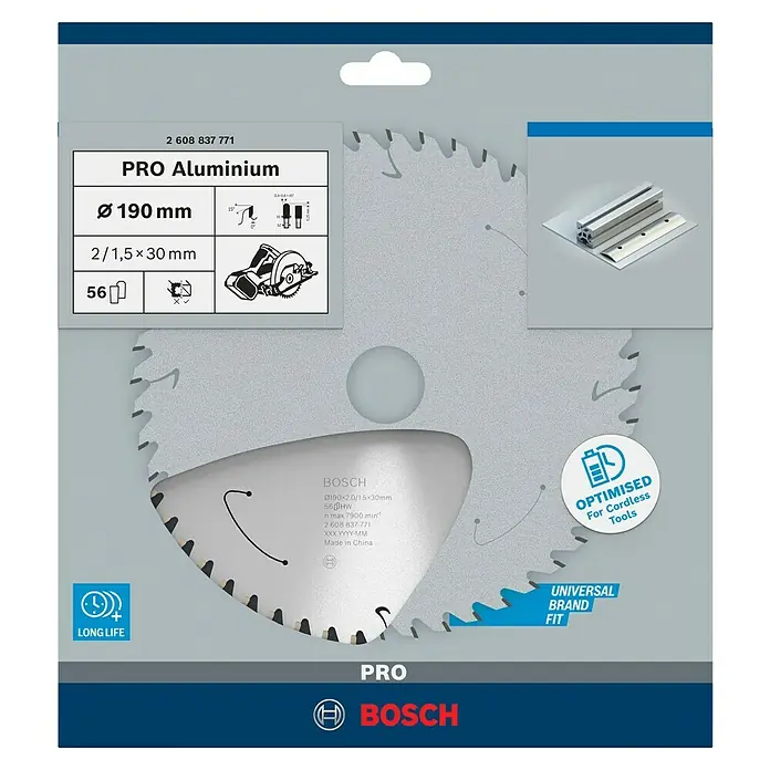 Bosch Kreissägeblatt Standard for Aluminium - 190 mm, Bohrung: 30 mm, Anzahl Zähne: 56 Stk. - Das Bild zeigt ein Bosch Pro Aluminium Sägeblatt mit einem Durchmesser von 190 mm, geeignet für Aluminium und Akku-Werkzeuge.