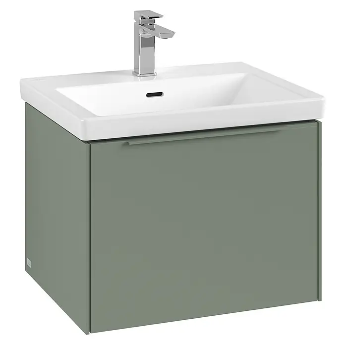 Villeroy & Boch Subway 3.0 Waschbeckenunterschrank - Soft Green, Anzahl Schubladen: 1 Stk., Farbe Griff: Monochrom, B x T x H: 57,2 x 47,8 x 42,9 cm - Ein moderner Waschtisch mit Unterschrank in einem sanften Grünton, ideal für stilvolle Badezimmer. Die Armatur glänzt in Chrom und ergänzt das Design.