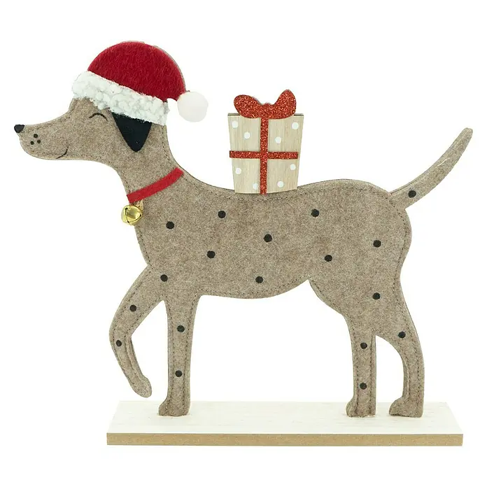 Noor Living Dekofigur X-Mas Hund - L x B x H: 5 x 30 x 26 cm, Holz - Festlicher Deko-Hund mit Weihnachtsmütze und Geschenk auf dem Rücken, ideal für die Weihnachtszeit.