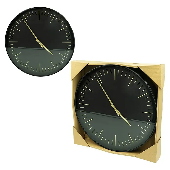 Wanduhr - Durchmesser: 20 cm, Schwarz/Gold - Zwei moderne, schwarze Wanduhren mit goldenen Zeigern, eine davon in einer schützenden Kartonverpackung.