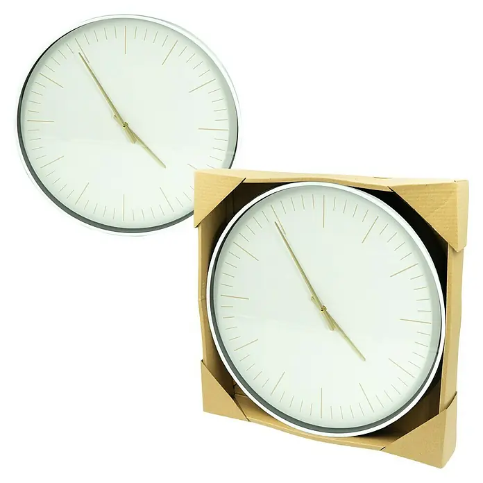 Wanduhr - Durchmesser: 20 cm, Weiß/Gold - Zwei Ansichten einer eleganten, runden Wanduhr mit silbernem Rahmen und minimalistischem Design, eine davon in einer schützenden Verpackung.