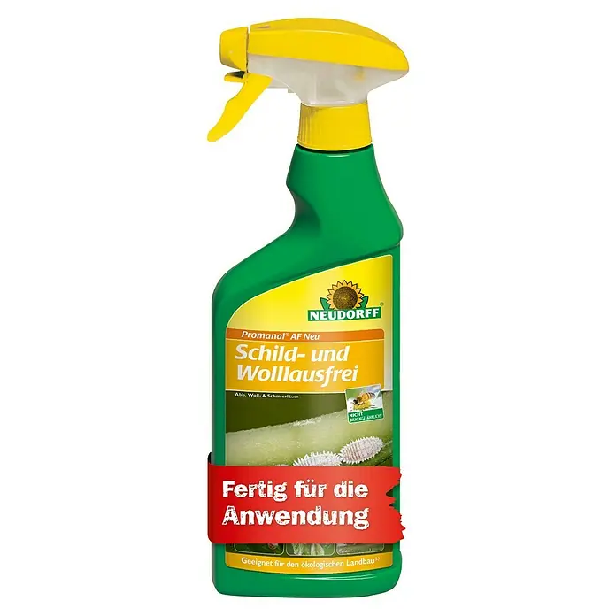 Neudorff Promanal Schild- & Wolllausfrei - 500 ml - Produktfoto eines Neudorff Promanal AF Neu Schädlingsbekämpfungssprays mit gelbem Sprühkopf und Etikett mit Sonnenblume.
