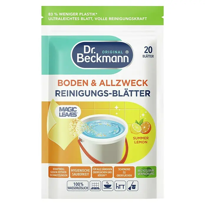 Vileda Reinigungssystem & Eimer 2in1 Microfibre Turbo Box + Dr. Beckmann Reiniger - 1 x Eimer mit Power-Schleuder, 1 x Stiel, 1 x Mikrofaser-Wischmopp, 1 x Dr. Beckmann Boden & Allzweck Reinigungs-Blätter (20 Blätter) - Abbildung einer Packung Dr. Beckmann Boden- & Allzweck Reinigungs-Blätter mit Sommer-Zitronen-Duft.