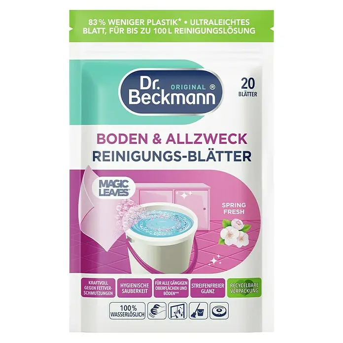Vileda Reinigungssystem & Eimer 2in1 Microfibre Turbo Box + Dr. Beckmann Reiniger - 1 x Eimer mit Power-Schleuder, 1 x Stiel, 1 x Mikrofaser-Wischmopp, 1 x Dr. Beckmann Boden & Allzweck Reinigungs-Blätter (20 Blätter) - Abbildung der Dr. Beckmann Boden- und Allzweckreinigungsblätter mit Frühlingsduft, kraftvoll gegen Verschmutzungen.