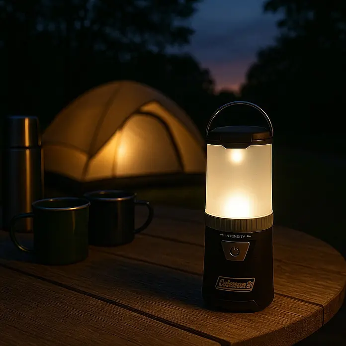 Coleman Lámpara de camping Mini High Tech LED - 5 x 5,7 x 15 cm, 5 lm - 150 lm, IPX4 - Linterna Coleman sobre una mesa de madera, con una tienda de campaña y tazas al fondo. Ideal para camping y aventuras al aire libre.