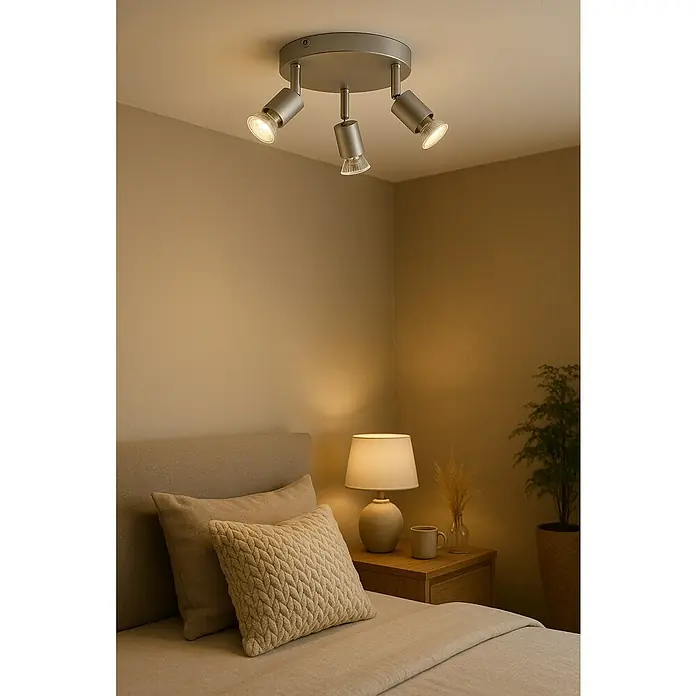 Briloner Regleta LED Picco - 9 W, L x An x Al: 16 x 16 x 13 cm, Plata, Blanco cálido, 3 ud. - Foco de techo de tres luces en cromo cepillado que proporciona luz cálida en el dormitorio, creando un ambiente acogedor.