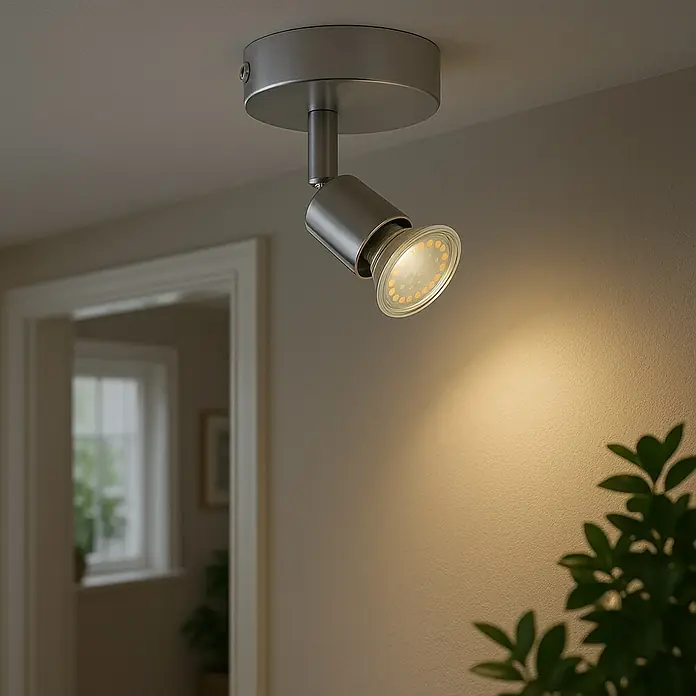 Briloner Foco de pared LED Picco - 3 W, L x An x Al: 8 x 8 x 8 cm, Plateado, Blanco cálido - Primer plano de un foco de techo moderno de metal con LED, que proyecta una luz cálida en una habitación elegante.