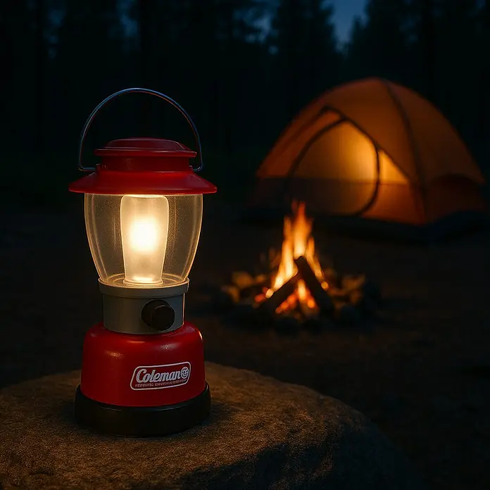 Coleman Lámpara de camping Clásica CPX-6 - 13 cm x 13 mm x 25,6 cm, 72 lm - 115 lm - Linterna Coleman sobre una roca, con una tienda de campaña y una fogata al fondo.