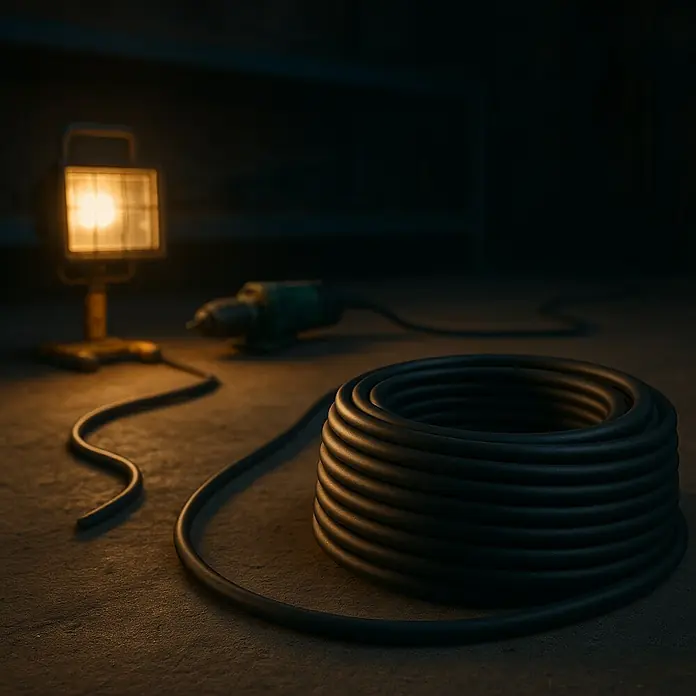 Bricable Cable eléctrico de exterior - 25 m, Sección del núcleo: 2,5 mm² - Primer plano de un cable eléctrico negro enrollado en el suelo, con una lámpara y una herramienta eléctrica al fondo.