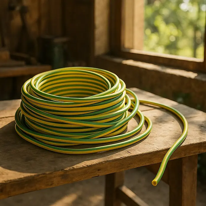 Bricable Cable unipolar - H07V-K, Número de cables: 1 ud., 2,5 mm x 100 m - Una manguera de jardín amarilla y verde enrollada sobre una mesa de madera cerca de una ventana. Ideal para regar el jardín.