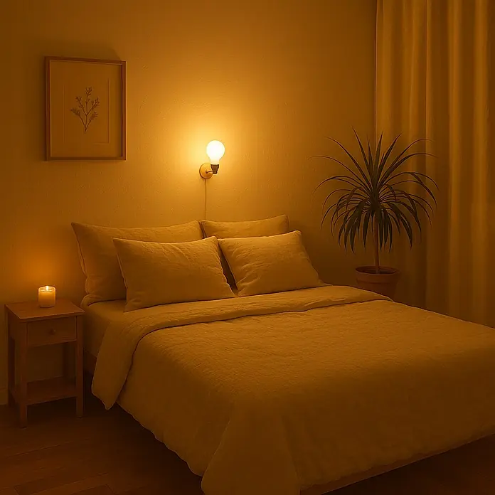 Garza Bombilla LED Vintage - E27, Intensidad regulable, Blanco cálido, 7 W, Blanco - Dormitorio acogedor con cama cómoda, mesita de noche con vela, lámpara de pared y planta de interior para un ambiente relajante.