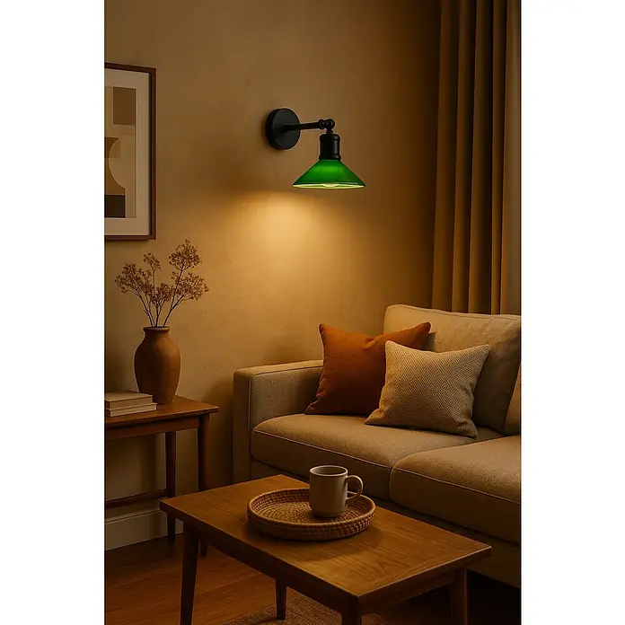 Aplique de pared Antiquar - 40 W, L x An x Al: 24 x 19 x 22 cm, Verde, E27 - La lámpara de pared verde con un elemento de metal oscuro proyecta una luz acogedora en la cálida sala de estar.