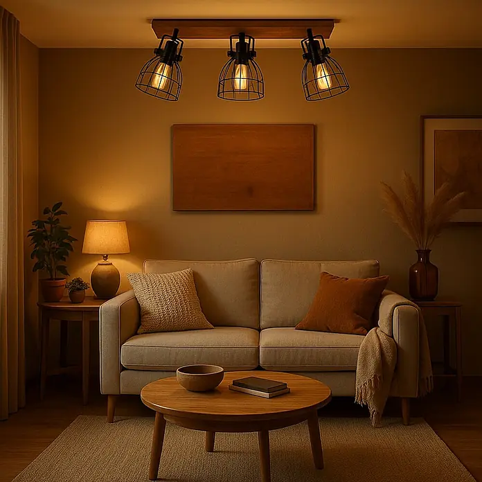 Tween Light Regleta Nao - 120 W, Marrón, E27 - Sala de estar con una moderna lámpara de techo de tres focos sobre un cómodo sofá.