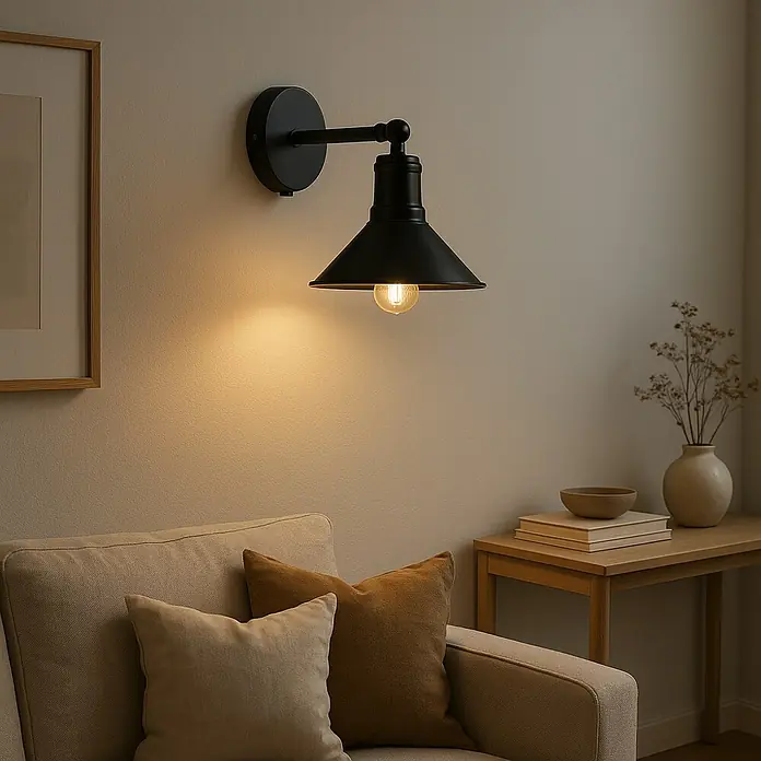 Aplique de pared LED Campana - 20 W, L x An x Al: 17 x 17 x 18 cm, Blanco, Blanco neutro - Primer plano de una elegante lámpara de pared negra con luz cálida, creando un ambiente acogedor en un espacio habitable moderno.