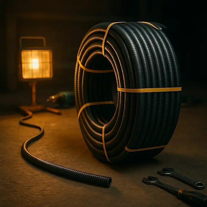 Tubo flexible forrado - EN 20, 25 m, Plástico, 320 N, Negro - Conducto eléctrico negro, enrollado y asegurado con bandas amarillas, con herramientas y una luz de trabajo de fondo.