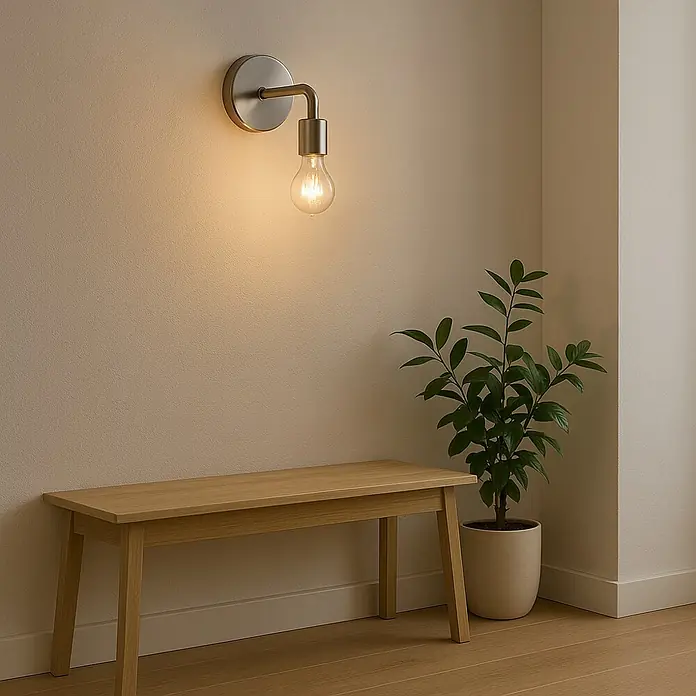 Idp Lampshades Aplique de pared - 40 W, L x An x Al: 19 x 17 x 10 cm, Níquel, E27, Cilíndrico - Un aplique de pared con bombilla Edison ilumina con estilo un taburete de madera clara junto a una planta en maceta.