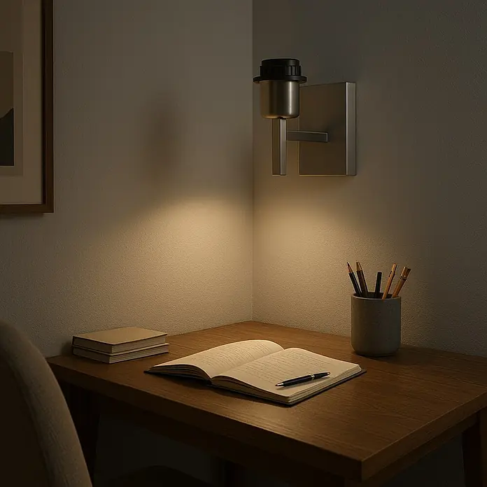Idp Lampshades Aplique de pared - 40 W, L x An x Al: 18 x 18 x 11 cm, Níquel, E27, Cuadrado - Una lámpara de pared moderna con un acabado plateado ilumina un escritorio con un cuaderno y un portalápices, creando un ambiente de trabajo acogedor.