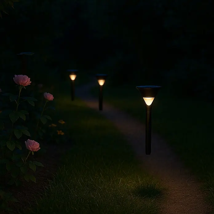 BAUHAUS Estaca solar con sensor - 0,1 W, L x An x Al: 10,6 x 10,6 x 57 cm, Negro, IP44, 50 lm - Una fila de luces solares bordea un sendero de jardín al anochecer, iluminando sutilmente el camino y los macizos de flores circundantes.