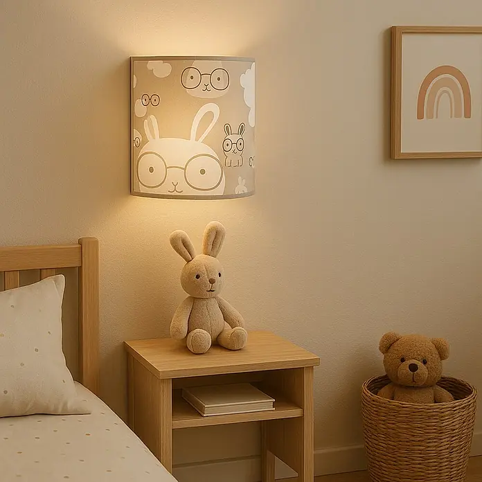 Idp Lampshades Aplique de pared Bunny - L x An x Al: 10 x 20 x 20 cm, Taupe - Lámpara de pared con diseño de conejito que emite una luz cálida, ubicada junto a una mesita de noche con un conejito de peluche en una habitación infantil acogedora.