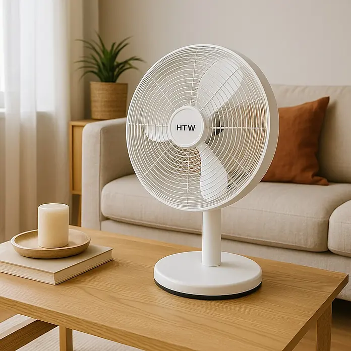 HTW Ventilador de sobremesa TAF1235 - Blanco, 35 cm - Elegante ventilador de mesa HTW blanco sobre una mesa de madera, ideal para una refrigeración eficiente y con estilo.