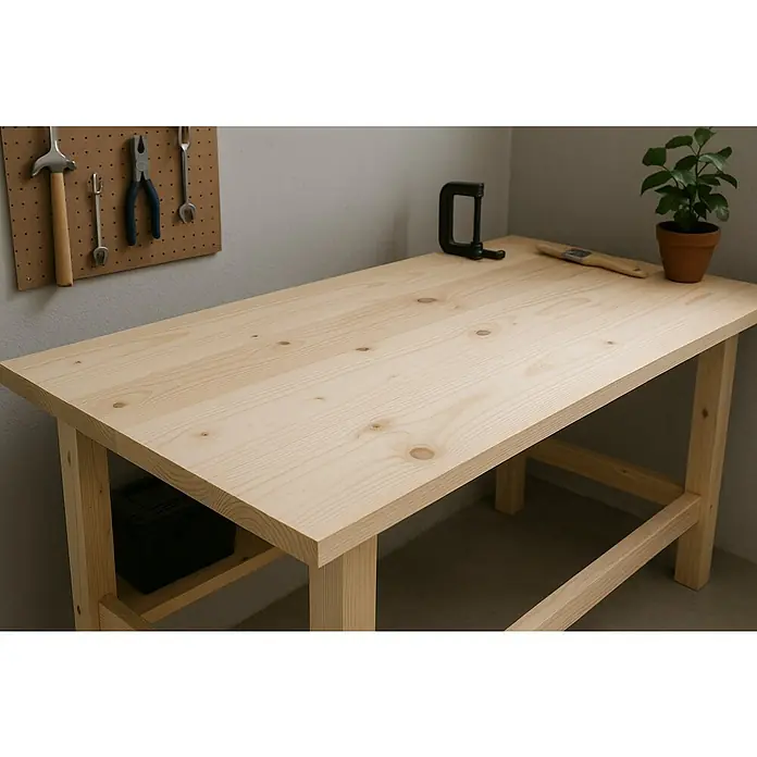 Tablero de madera laminada - Pino, 800 x 200 x 18 mm - Primer plano de un banco de trabajo de madera clara con herramientas en la pared y una planta, ideal para los entusiastas del bricolaje.