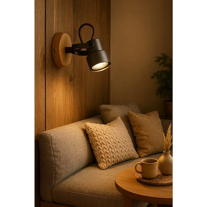 Briloner Tahun Aplique de pared - 5 W, L x An x Al: 10 x 9 x 12,7 cm, Gris/Marrón, GU10 - Primer plano de una elegante lámpara de pared con base de madera y cabezal negro ajustable, que proyecta una luz cálida en una habitación acogedora.