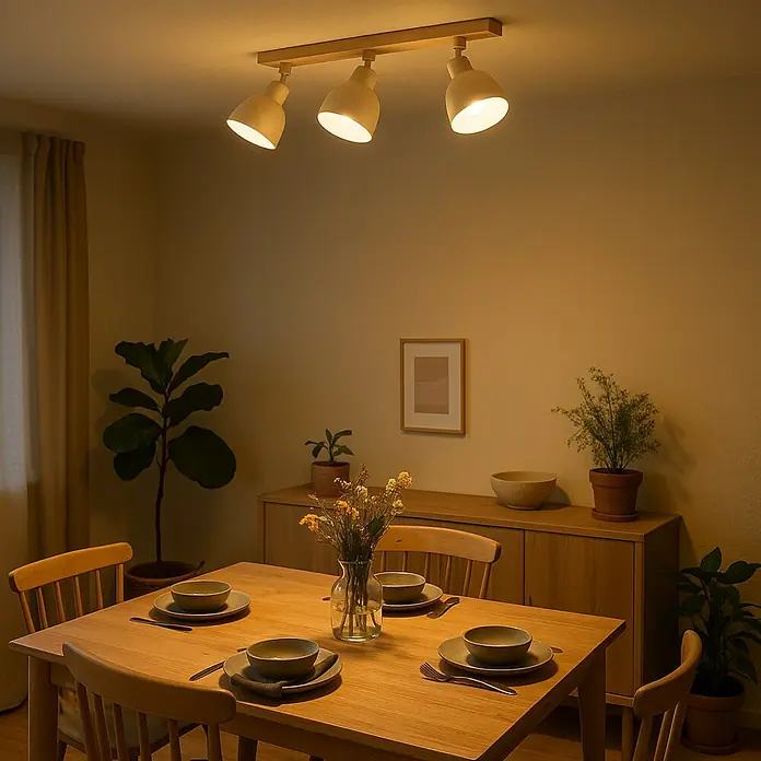 Eglo Regleta Arrecife - 28 W, L x An x Al: 74,5 x 14,5 x 23,5 cm, E27 - Iluminación brillante de comedor con una lámpara de techo de madera moderna sobre una mesa de madera con vajilla.