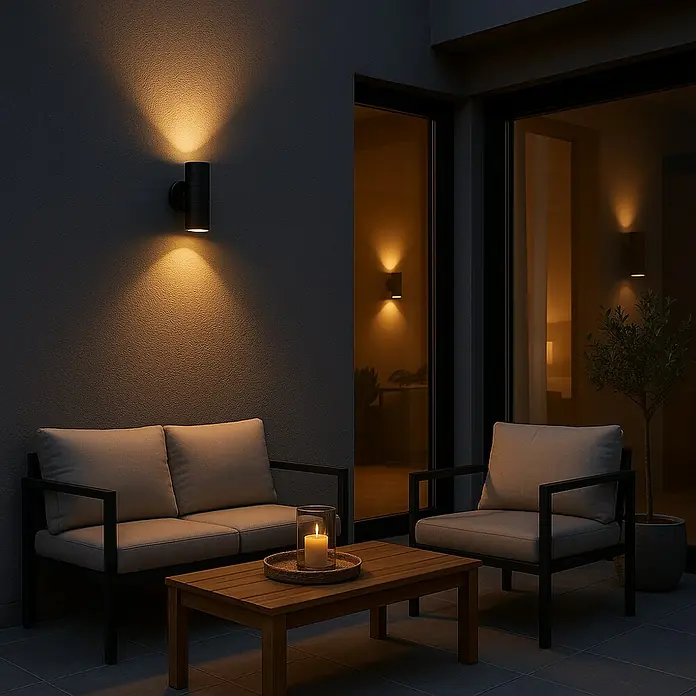 Philips Aplique exterior Kylis - 25 W, 9 x 7,8 x 16 cm, IP44 - Lámpara de pared exterior de metal negro moderna que ilumina un patio acogedor con luz cálida. Crea un ambiente agradable.