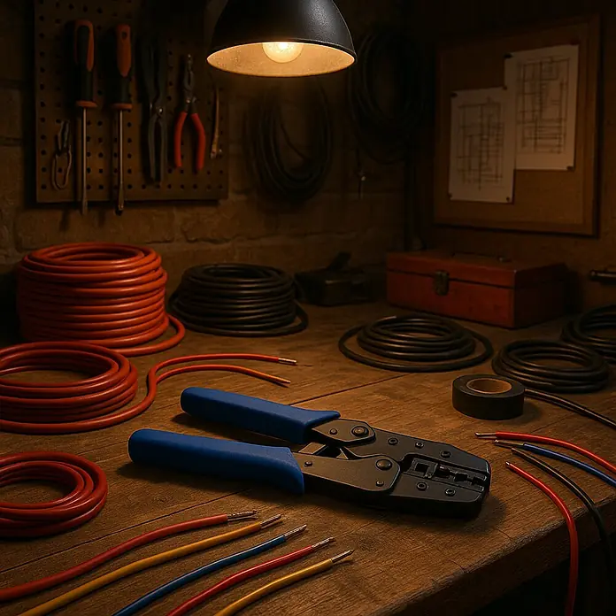 Voltomat Aderendhülsen-Presszange - 75 x 17 x 205 mm - Werkbank mit Crimpzange, Kabeln und Werkzeugen, ideal für Elektroarbeiten und Reparaturen im Hobbybereich.