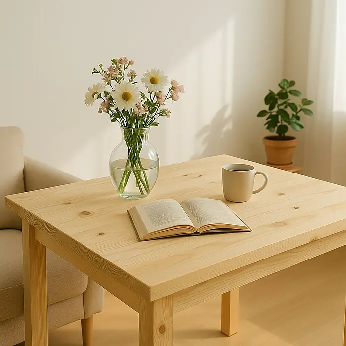 Do it wood Tablero de madera laminada - Pino, Nivel de calidad del tablero de madera laminada: B/B, L x An x Al: 80 x 30 x 1,8 cm - Una mesa de madera clara con flores en un jarrón, una taza y un libro abierto, que irradia un ambiente acogedor.