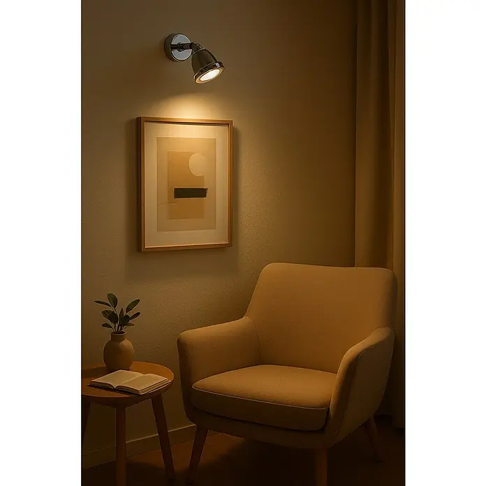 Tween Light Elmas Regleta LED - 4 W, L x An x Al: 17 x 13 x 12 cm, Cromo, GU10 - Lámpara de pared cromada que ilumina una obra de arte y crea un rincón de lectura acogedor con sillón y mesa auxiliar.