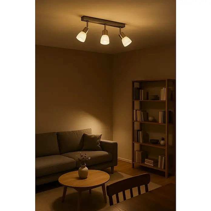 Tween Light Regleta LED Venzone II - 9 W, L x An x Al: 52 x 10 x 16,5 cm, Níquel satinado, Blanco Opal, Blanco cálido - Lámpara de techo con tres focos en una sala de estar cálida y acogedora, que proporciona una iluminación ambiental.