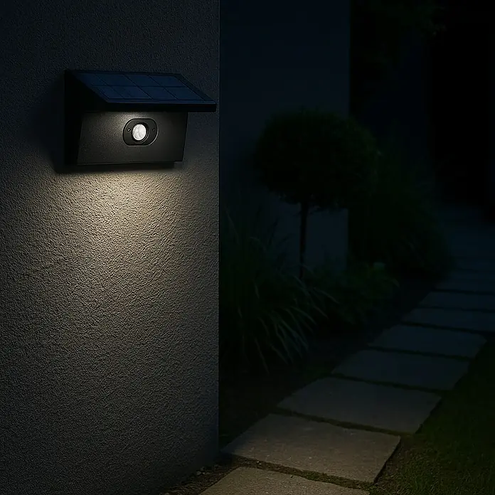 Starlux Aplique solar para exterior Como - 2,5 W, Negro, IP44 - Lámpara solar de pared con sensor de movimiento iluminando un sendero de jardín.