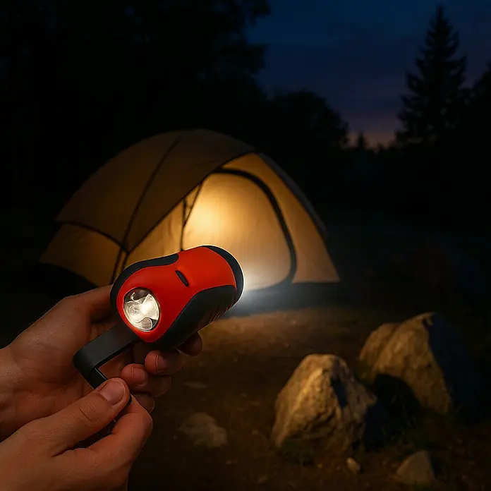 Xunzel Linterna DYNALIN 100U - Blanco neutro - Una mano sujeta una lámpara de camping naranja frente a una tienda iluminada, ideal para aventuras al aire libre.