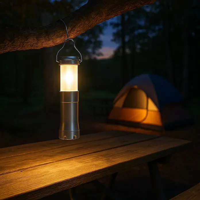 Linterna LED - IP64 - Una linterna ilumina un campamento, creando un ambiente acogedor e iluminando los alrededores.