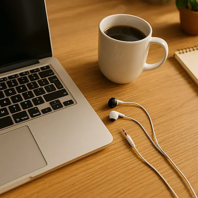 Vivanco Auriculares Stereo - Negro - Primer plano de un ordenador portátil, una taza de café y unos auriculares sobre una mesa de madera, creando un ambiente de trabajo tranquilo.
