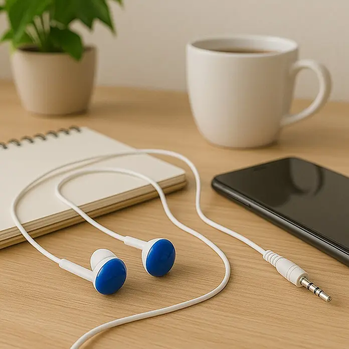 Vivanco Auriculares Stereo - Azul - Primer plano de auriculares blancos con tapas azules sobre un escritorio junto a un cuaderno, una taza y un teléfono inteligente.