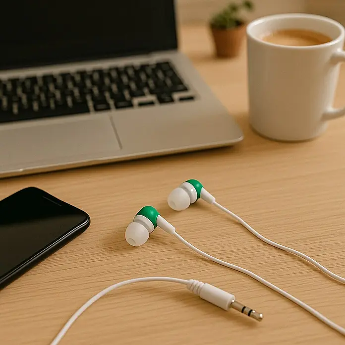 Vivanco Auriculares Stereo - Verde - Primer plano de auriculares blancos con detalles verdes sobre una mesa de madera, junto a un portátil, un smartphone y una taza de café.