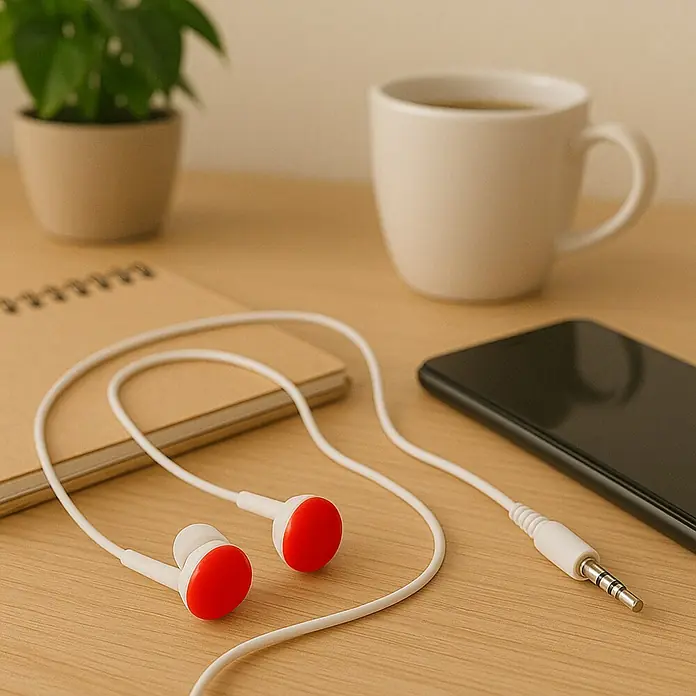 Vivanco Auriculares Stereo - Rojo - Los auriculares rojos con cable descansan sobre una mesa, cerca de un teléfono inteligente, una taza y una pequeña planta.