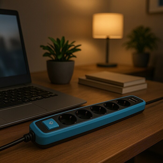 Electraline Base de enchufe múltiple con USB Gummy (5, Negro/Azul, Longitud del cable: 2 m)
